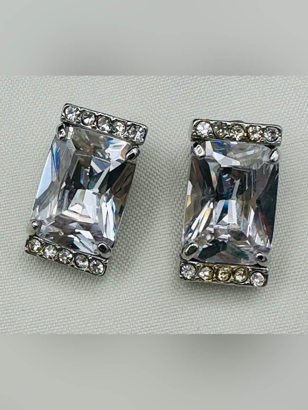 Vintage Emerald Cut Clear Crystal Clip-On Statement Earrings
